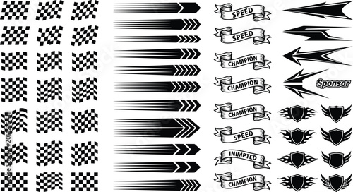 Collection of black and white racing decals featuring checkered flags speed lines and champion banners