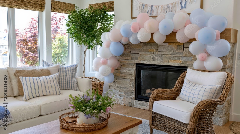 Fototapeta premium Cozy living room decorated with a pastel balloon arch over a stone fireplace