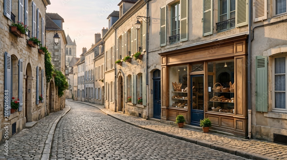 Fototapeta premium Empty cobblestone street in a provincial town at sunrise