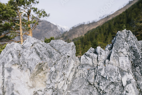 Quadro su tela Close-up of gray granite rocks on the hiking route to Peak of Love, with conifer