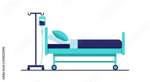 Hospital Room Depiction Featuring an Intravenous Drip Set and Empty Bed Ready for Treatment