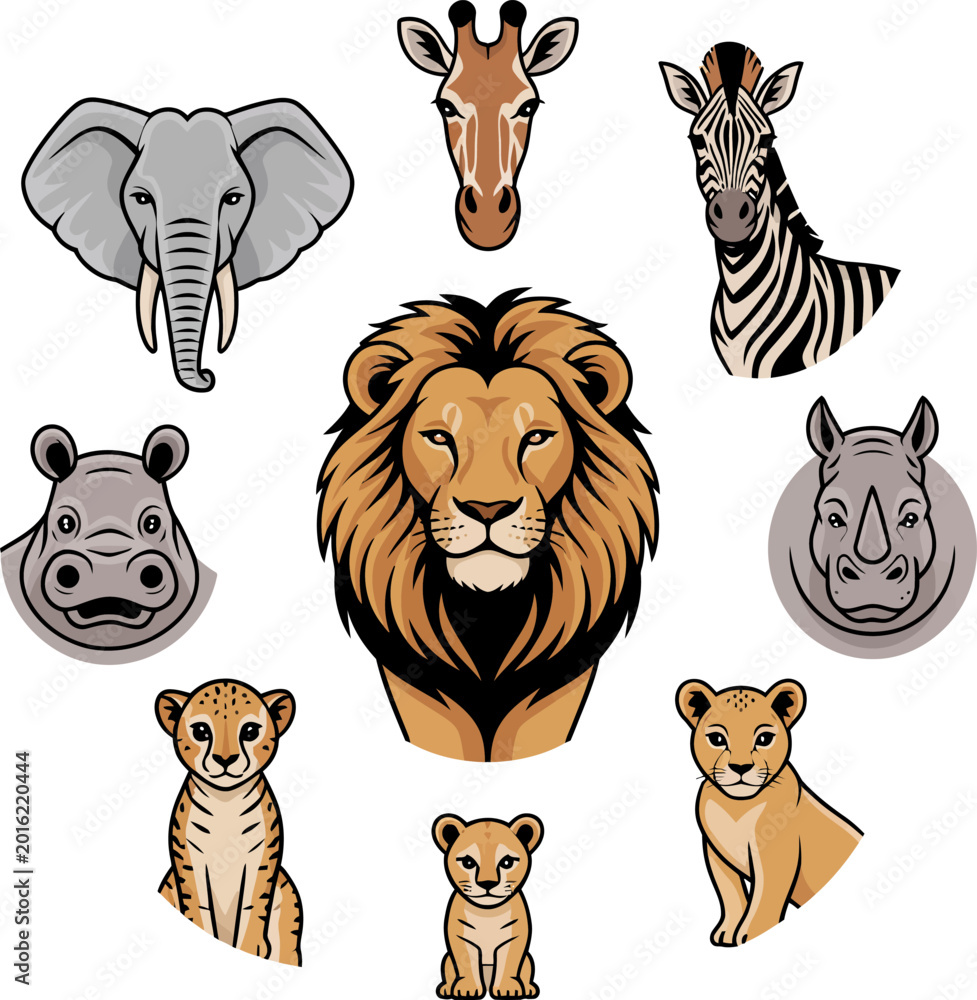 Obraz premium Collection of stylized African safari animal heads and cubs isolated on a transparent background