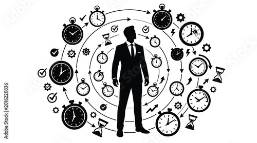 Businessman surrounded by clocks and gears representing time management and productivity concepts