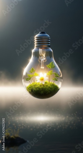 Eco friendly light bulb, green energy concept, sustainable innovation, environmental technology