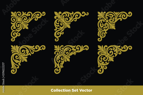 Golden Luxury Damask Ornamental Corner Vector Set