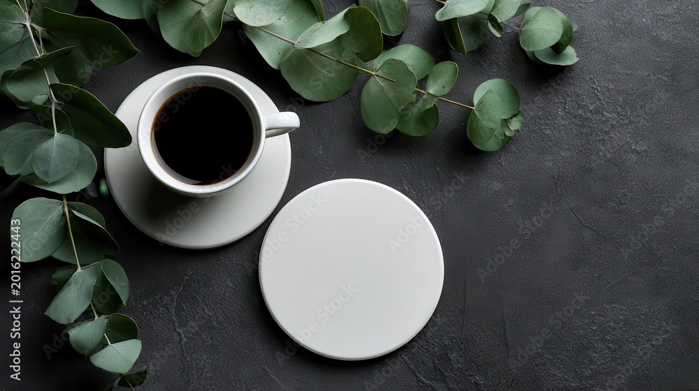Obraz premium Top view of a cup of black coffee with a blank white circular coaster and eucalyptus branches on a dark textured background