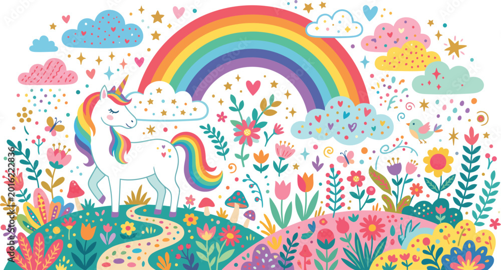 Obraz premium Whimsical illustration of a magical unicorn standing under a vibrant rainbow in a colorful garden filled with flowers and clouds