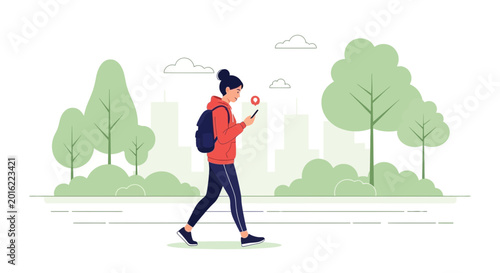 Woman walking in park using smartphone, city skyline background, healthy lifestyle