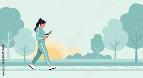 Woman walking in park with coffee and phone, healthy lifestyle, morning exercise