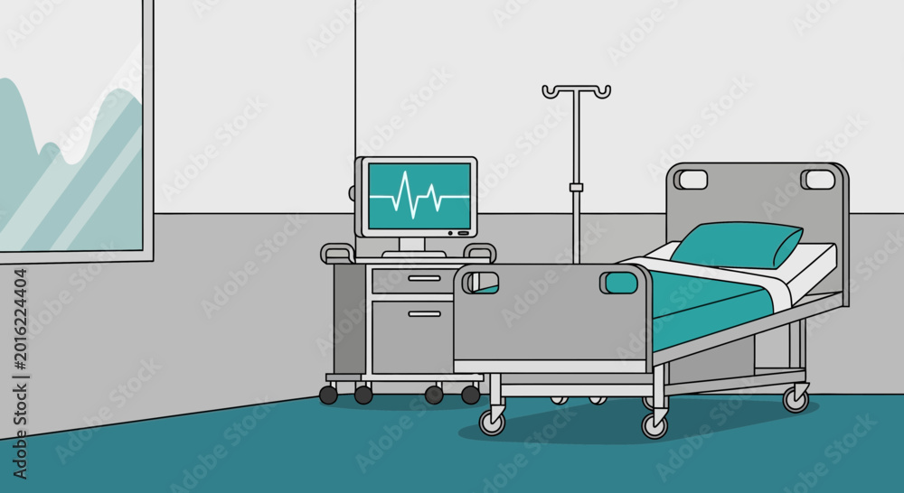 Fototapeta premium Hospital Room Depiction Featuring Monitoring Equipment and Bed for Modern Healthcare Procedures
