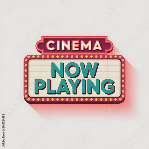 A cinema sign displays the words Now Playing in a movie theater.