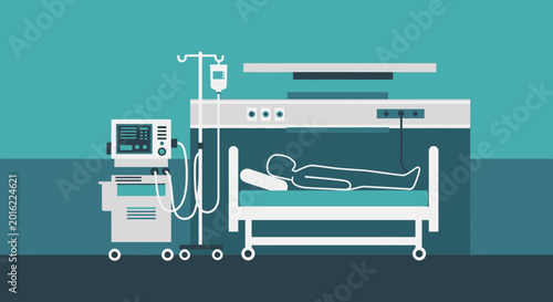 Hospital Room Depiction Featuring Patient, Medical Equipment, and Minimalist Illustration