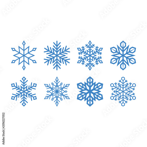 Set of Eight Unique Blue Snowflake Designs Isolated on White Background for Winter Decorations