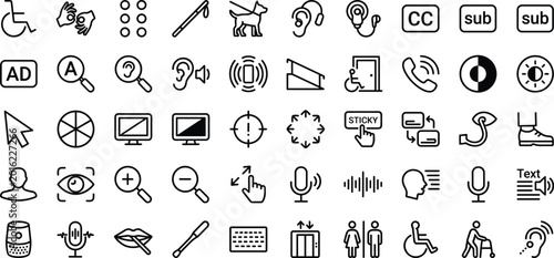 Accessibility Assistive Technology Line Icon Set With Disability Inclusion Communication And Web Interface Symbols