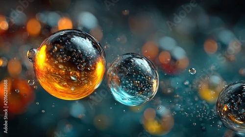 Abstract glowing glass spheres and liquid droplets floating in a dark space with warm amber and cool teal bokeh lighting