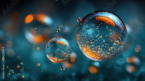 Abstract transparent spheres with golden particles floating in teal water with cinematic bokeh lighting
