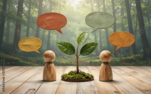 Wooden figures converse with speech bubbles around a young tree in a