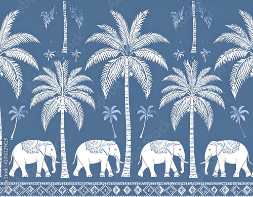 Tropical Elephant And Palm Tree Block Print Pattern Illustration In Blue And White Color Scheme With Walking Animals And Exotic Foliage