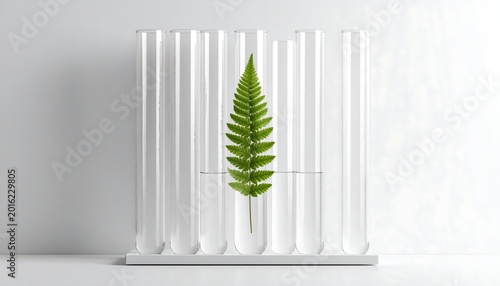 A single fern leaf sits upright in a test tube rack