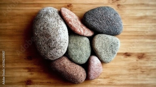 High angle close-up of small colorful stones arranged in heart shape on light brown wooden surface, brown black white red green blue tones, soft natural light highlighting textures.