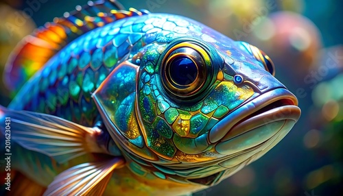 Tropical Fish Digital Illustration With Iridescent Teal And Orange Scales In A Macro Close Up Profile View Within A Blurry Underwater Environment