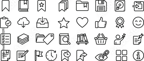 Bookmarking and favorite UI icons collection for saved content, reading list, tagging and digital interface design