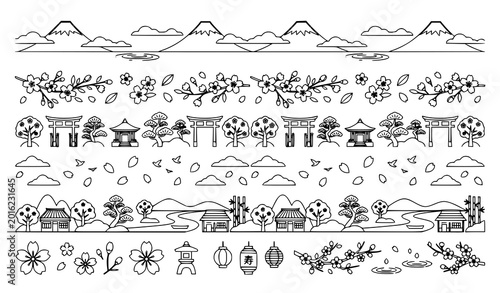 Mount Fuji lake reflection illustration set with peaceful Japanese landscape and sakura scenery