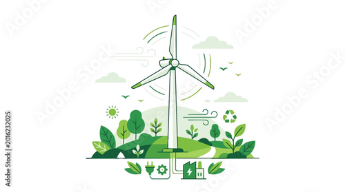 An environmentally friendly energy generation system featuring a large wind turbine harnessing natural air movement to produce sustainable electricity for a healthier planet