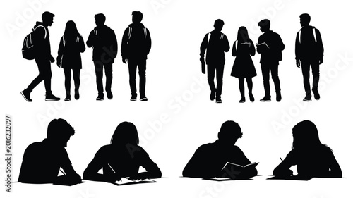 group of students with backpacks and books silhouette