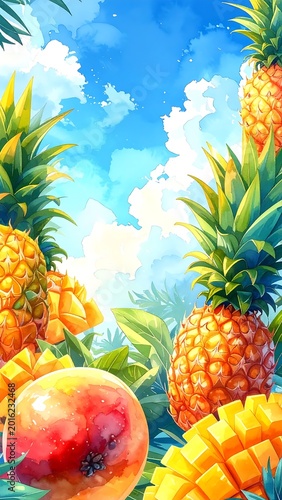 Tropical Pineapples And Sliced Mangoes Illustration In Vibrant Anime Style Under A Bright Blue Sunny With White Clouds