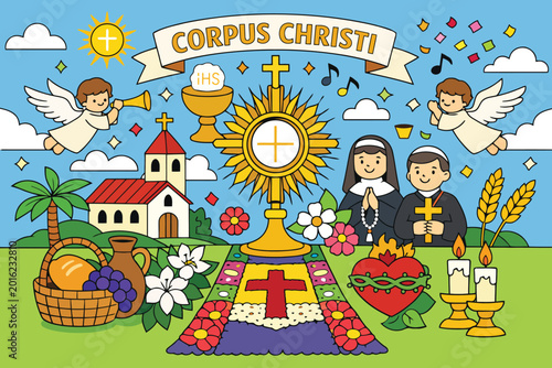 Foto Corpus christi catholic religious celebration with monstrance and church