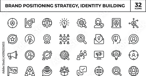 Brand Positioning Strategy And Identity Building Icon Set With Marketing Target Audience And Business Branding Symbols