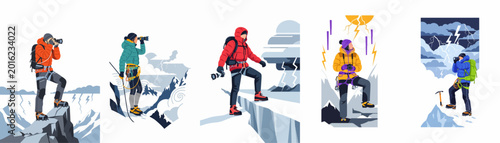 Foto Collection of flat vector illustrations featuring mountaineers and photographers on snowy peaks during dramatic storms and lightning strikes