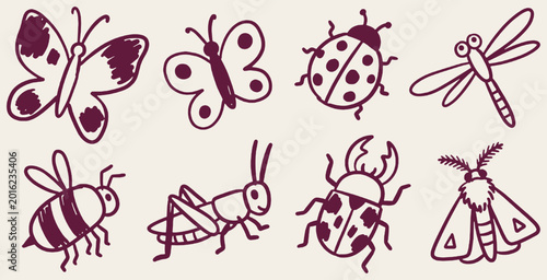 Set of hand-drawn doodle insects including butterflies, ladybug, dragonfly, bee, grasshopper, beetle, and moth on a light background.