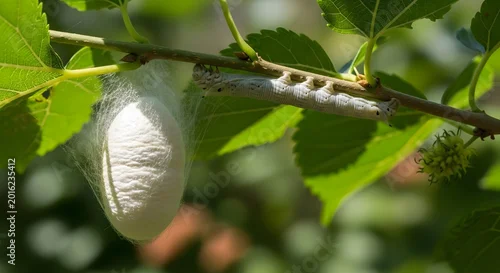 Fototapeta na wymiar Silken cocoon and caterpillar on a branch amidst lush green foliage