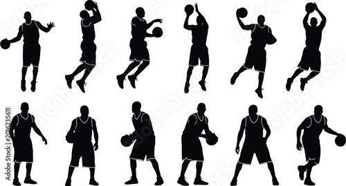Schilderij op canvas Black, and, white, basketball, player, silhouette, set, of, twelve, dynamic, pos