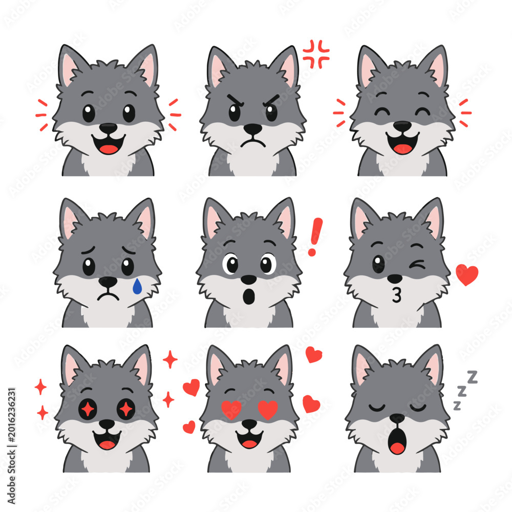 Fototapeta premium Wolf set of emotions character Vector set of character emotions on a white background