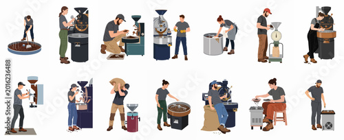 Illustrations of people working at various stages of the coffee roasting and production process using professional machinery and equipment.