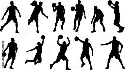 Photos Basketball player silhouettes set featuring male athletes in dynamic action poses like dribbling jumping dunking and shooting isolated on white background