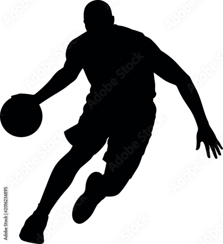Bilde på lerret Black silhouette of a male basketball player dribbling a ball quickly during a competitive sports game on a white background