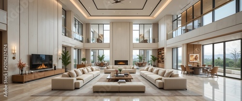Luxurious Modern Living Room with High Ceilings and Elegant Decor.