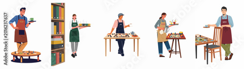Obraz na płótnie Set of flat vector illustrations featuring diverse cafe staff serving drinks and food in a board game cafe environment