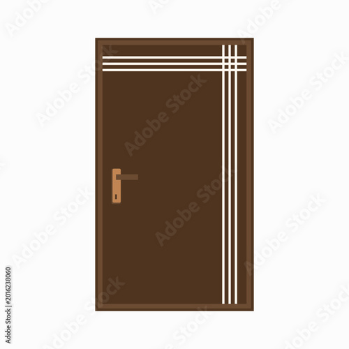 Modern Brown Wooden Door Vector Illustration with Minimalist White Lines. Brown Entrance Door with Modern Handle and Decorative Pattern. Minimalist Dark Wood Door Graphic Isolated on White Background.