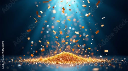 Golden confetti falling from blue light orange