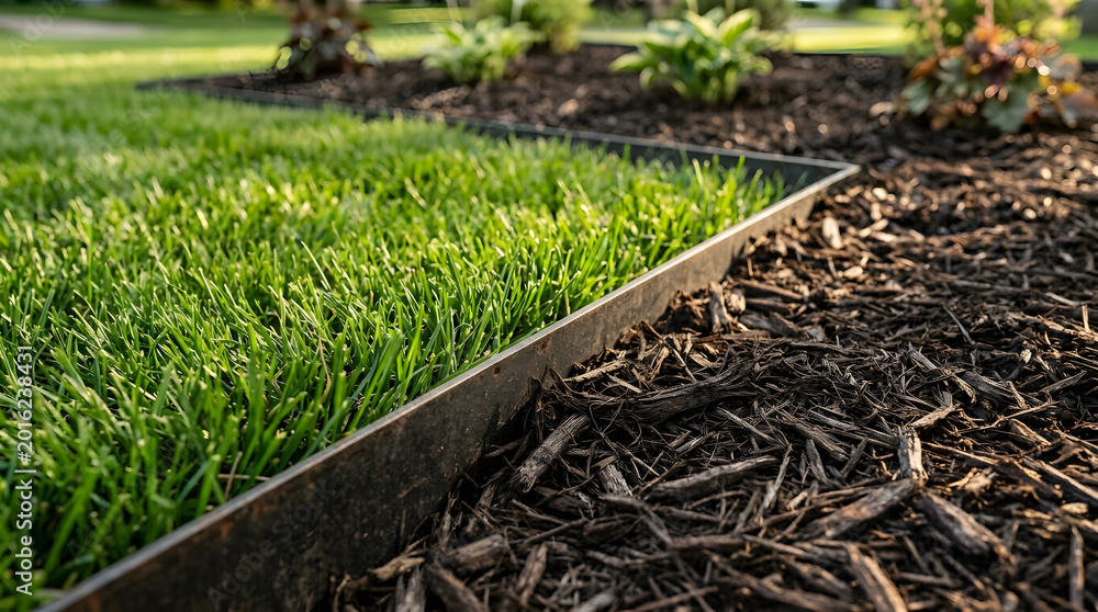 Fototapeta premium Modern Garden Edging with Metal Border | Landscaping with Green Lawn and Bark Mulch | Outdoor Backyard Maintenance | Clean Grass and Flower Bed Separation | Steel Lawn Border for Curb Appeal