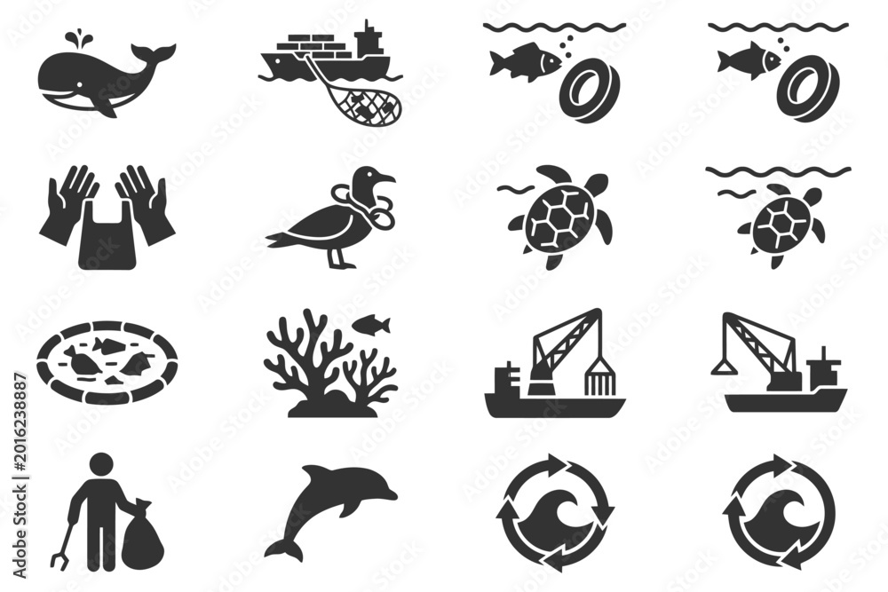 Fototapeta premium Environmental icons: marine pollution, conservation, and wildlife protection symbols.