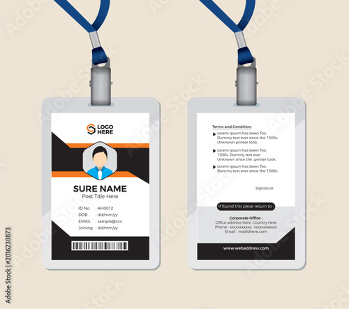 Corporate ID card template with lanyard, professional identification badge design for employees, modern business name tag vector layout