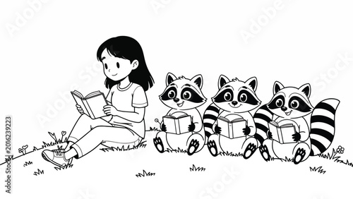 Girl sitting with raccoons reading book.