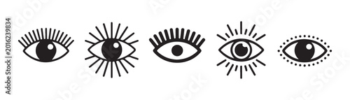 Fotografía Set of human eyes with eyelashes or sun rays radiating around iris symbol collection vector graphics on background