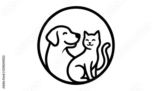 Tableau sur toile Dog and cat sitting together in a circle illustration